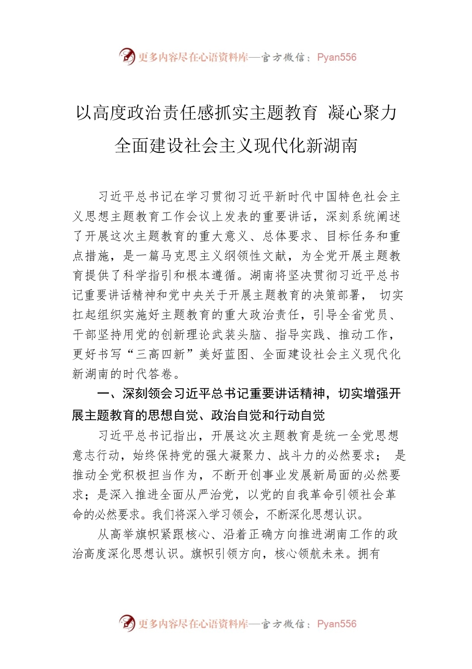 以高度政治责任感抓实主题教育 凝心聚力全面建设社会主义现代化新湖南.docx_第1页