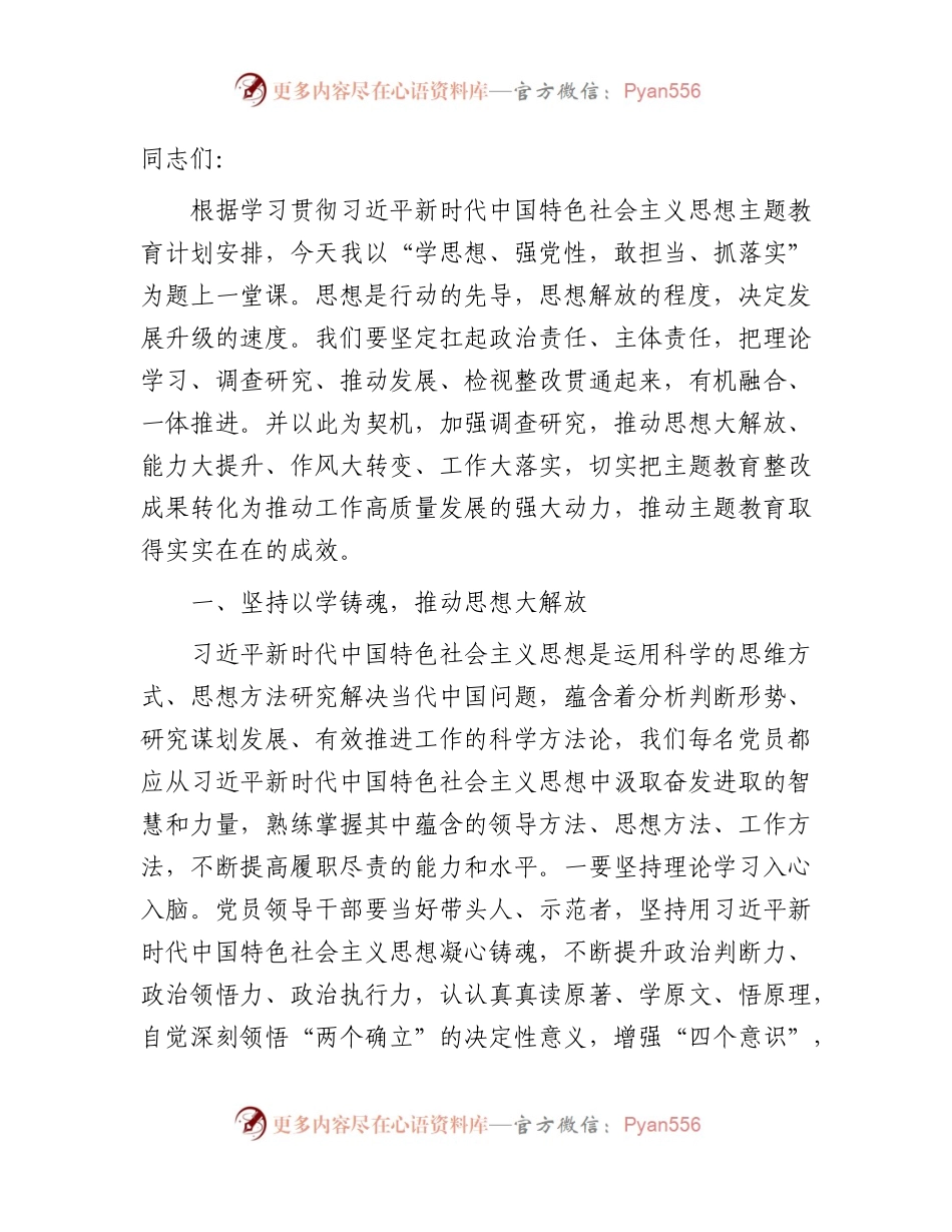 主题教育党课：学思想 强党性 敢担当 抓落实.docx_第1页
