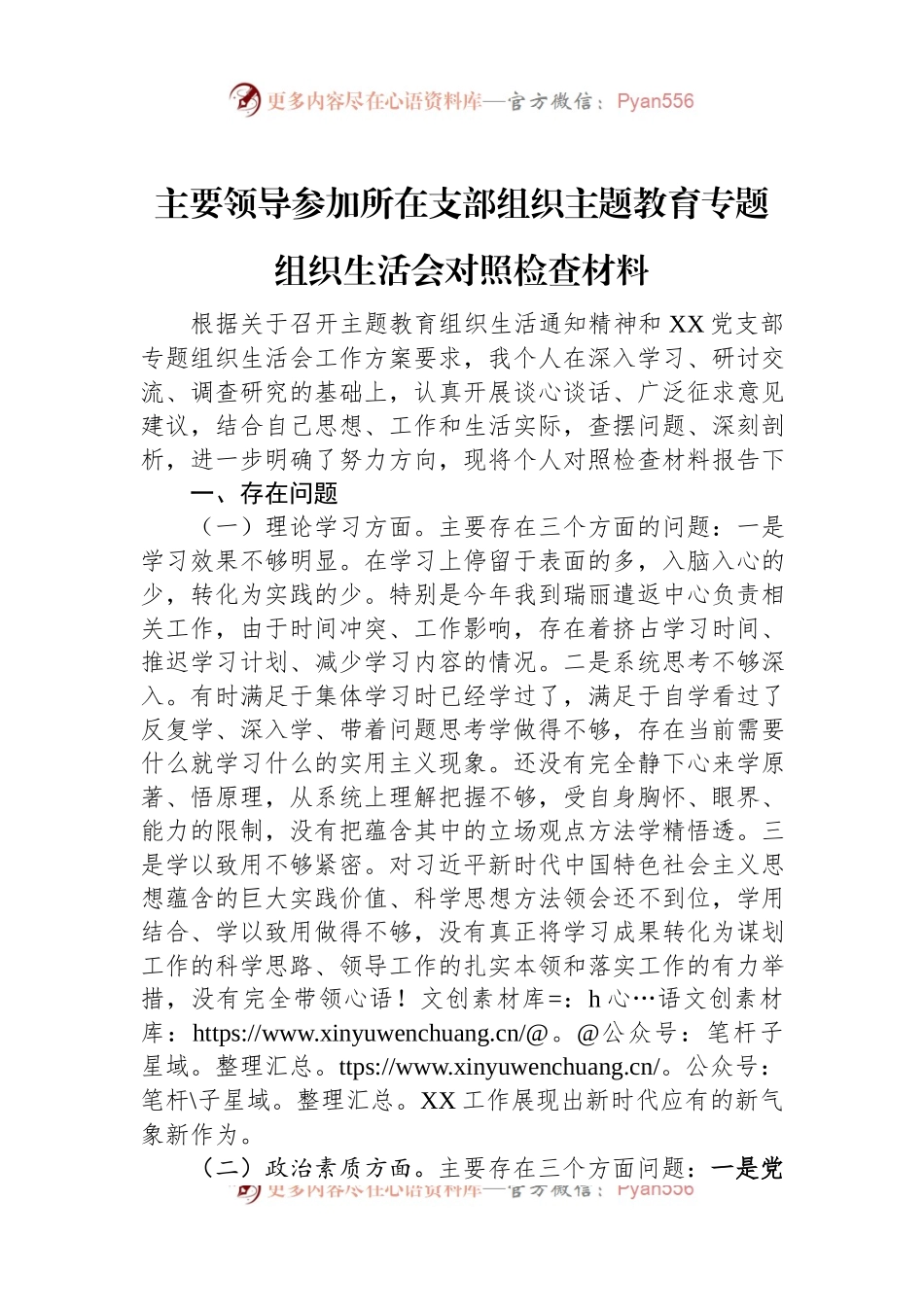 主要领导参加所在支部组织主题教育专题组织生活会对照检查材料.docx_第1页