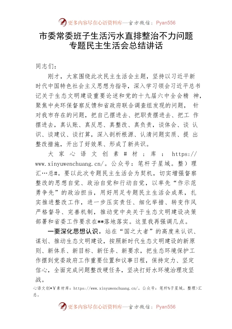 【民主生活会】市委常委班子生活污水直排整治不力问题专题民主生活会总结讲话.docx_第1页