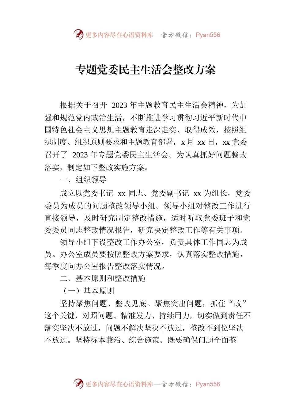 专题党委民主生活会整改方案.docx_第1页