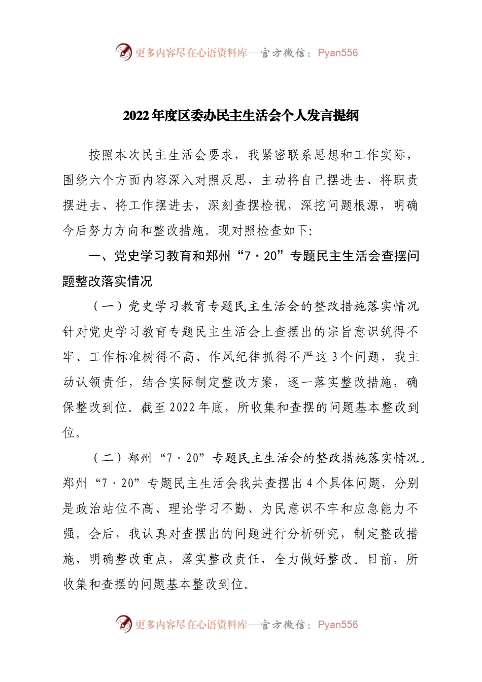 个人2022年度区委办公室主任民主生活会个人发言提纲.docx_第1页