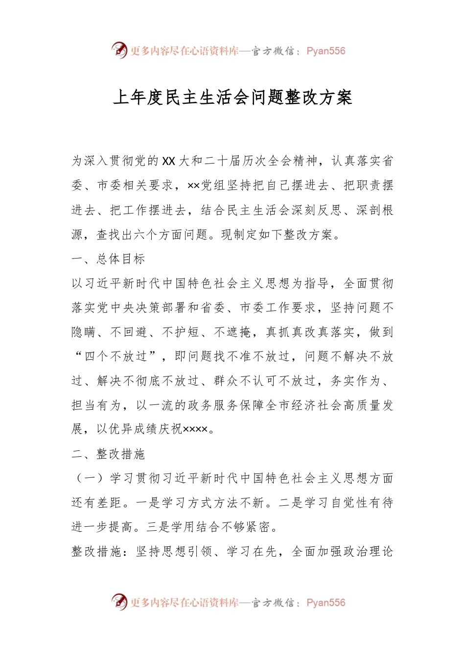 上年度民主生活会问题整改方案.docx_第1页