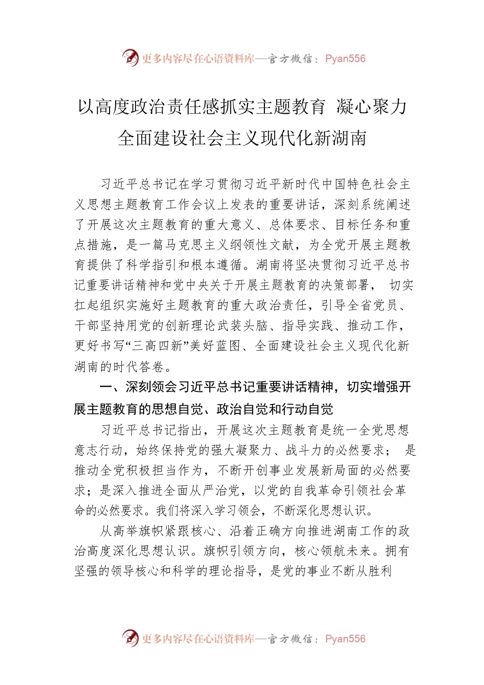 以高度政治责任感抓实主题教育 凝心聚力全面建设社会主义现代化新湖南（20230511）.docx_第1页