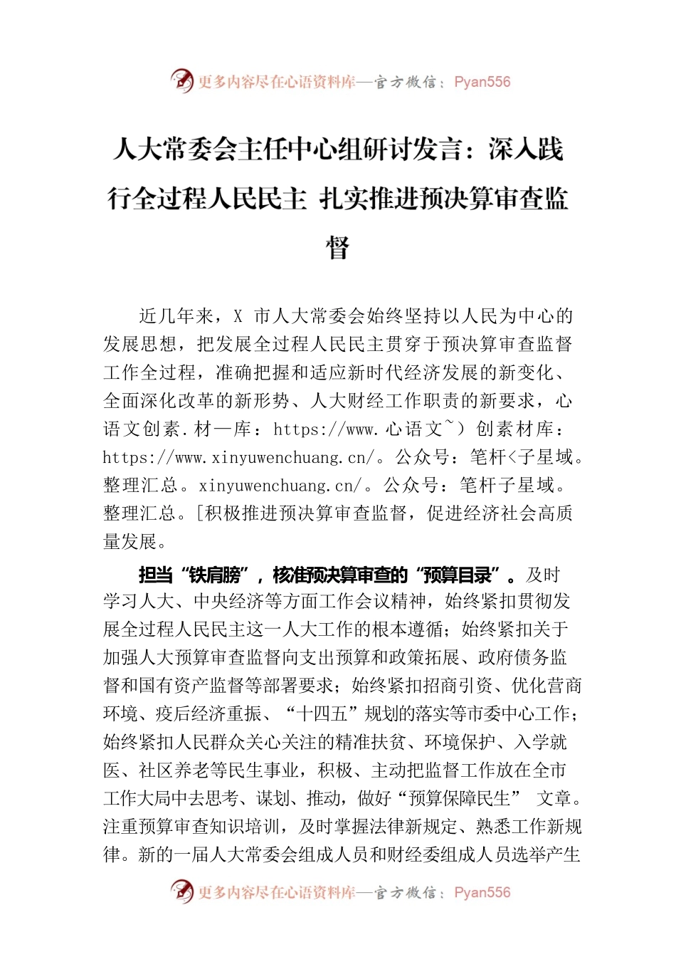 人大常委会主任中心组研讨发言：深入践行全过程人民民主 扎实推进预决算审查监督.docx_第1页