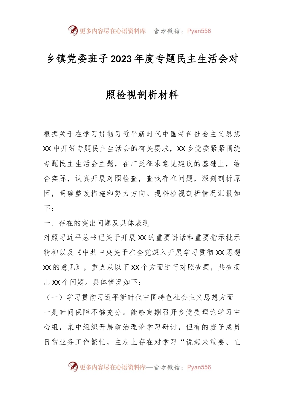 乡镇党委班子2023年度专题民主生活会对照检视剖析材料.docx_第1页