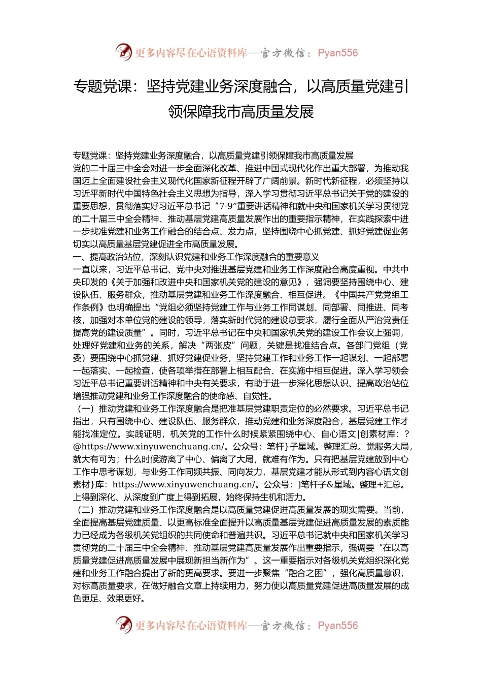 专题党课：坚持党建业务深度融合，以高质量党建引领保障我市高质量发展.docx_第1页