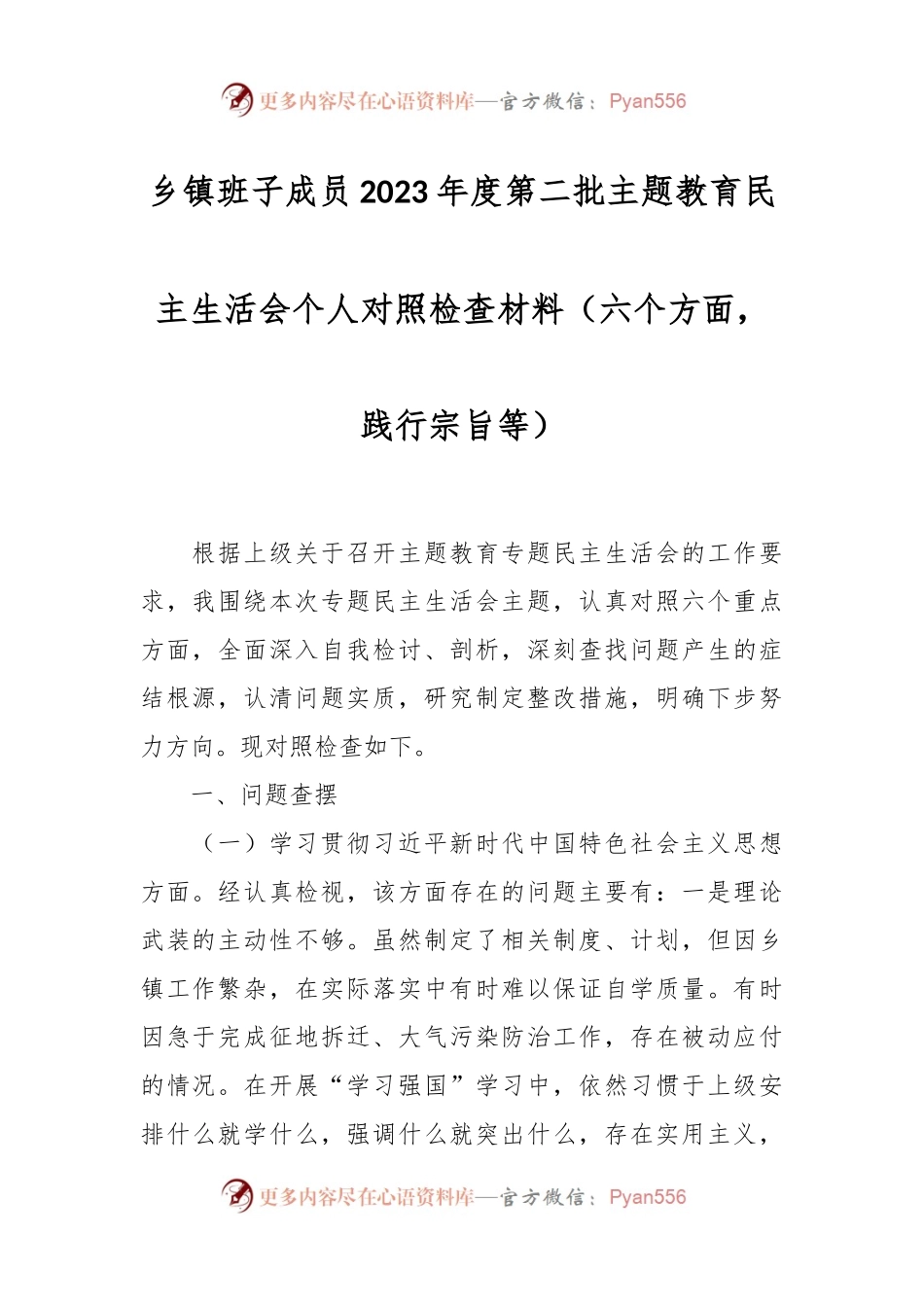 乡镇班子成员2023年度第二批主题教育民主生活会个人对照检查材料（六个方面，践行宗旨等）.docx_第1页