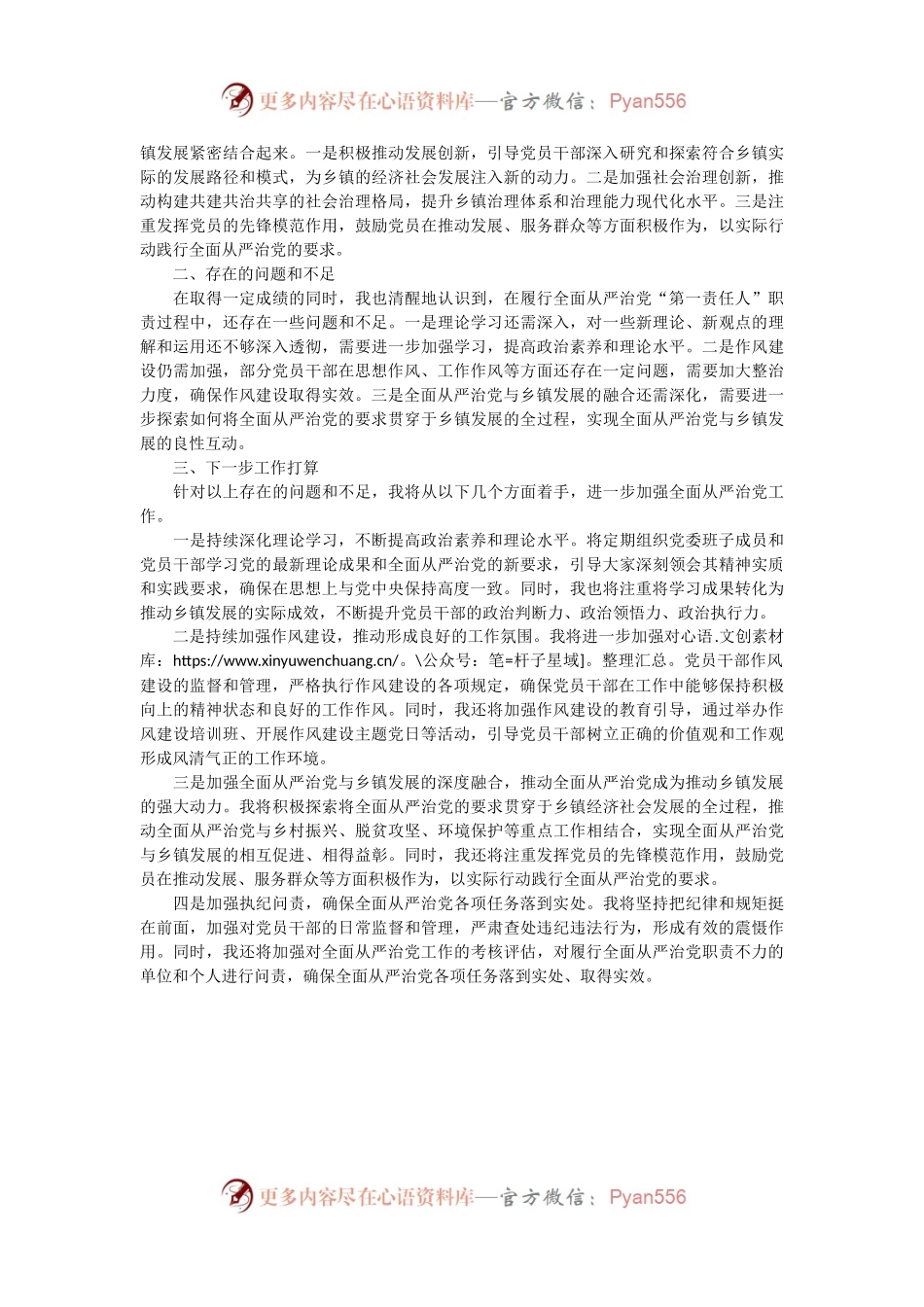 乡镇党委书记2024年上半年履行全面从严治党.docx_第2页