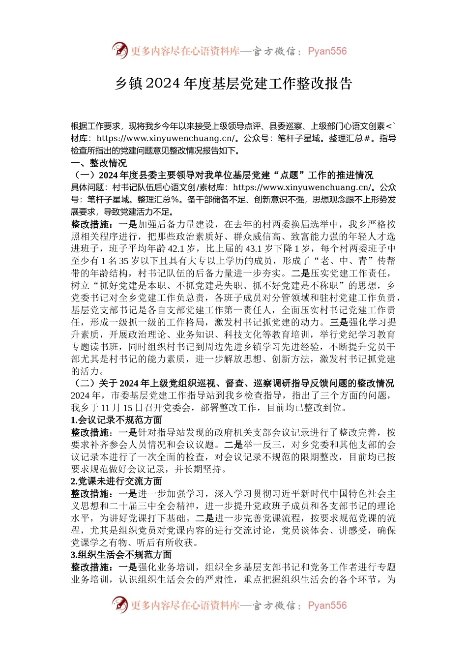 乡镇2024年度基层党建工作整改报告.docx_第1页