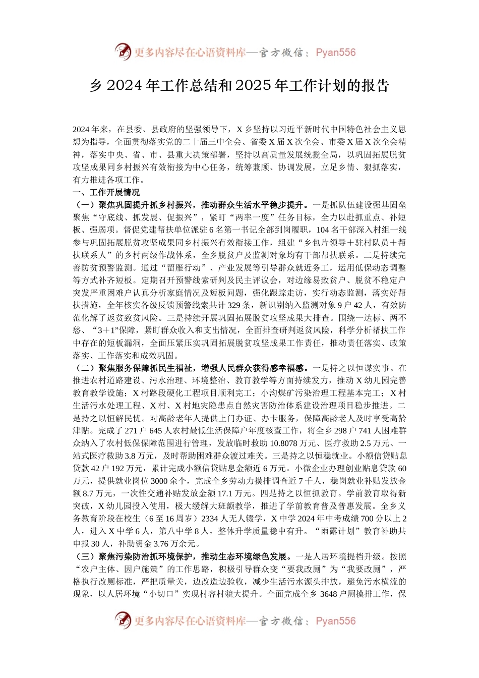 乡2024年工作总结和2025年工作计划的报告.docx_第1页