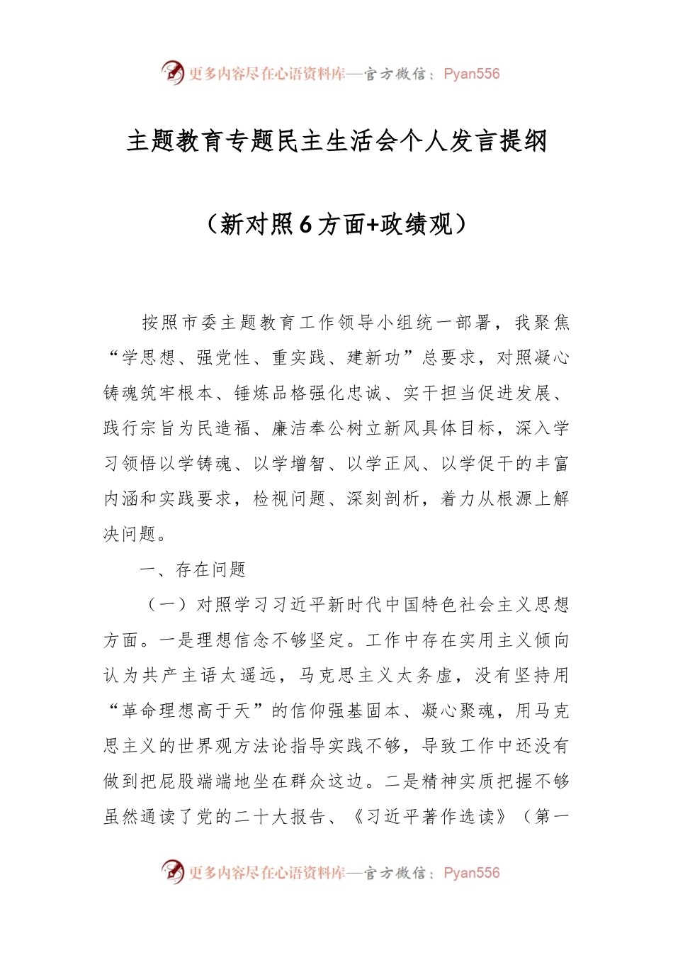 主题教育专题民主生活会个人发言稿提纲（新对照6方面+政绩观）.docx_第1页