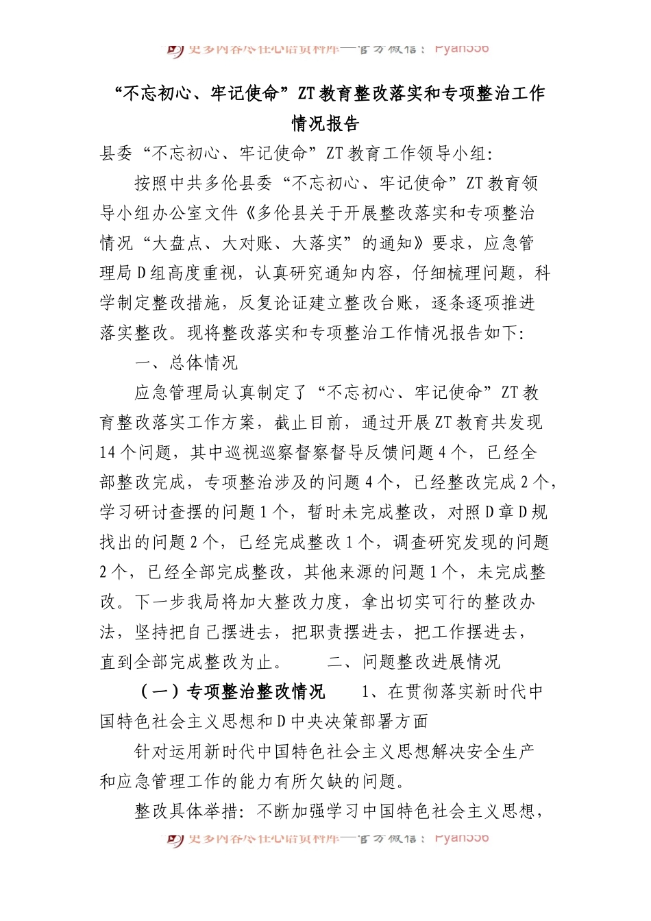 主题教育整改落实和专项整治工作情况报告.docx_第1页