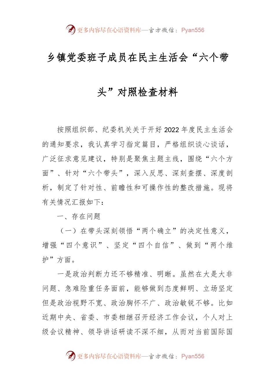 乡镇党委班子成员在民主生活会“六个带头”对照检查材料.docx_第1页