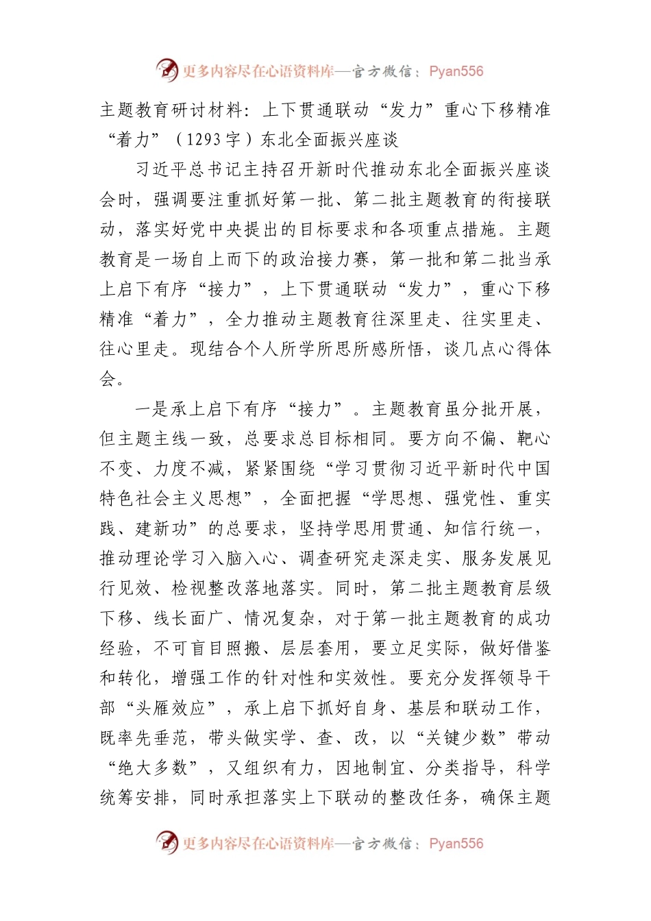主题教育研讨材料：上下贯通联动“发力”重心下移精准“着力”——东北全面振兴座谈.docx_第1页