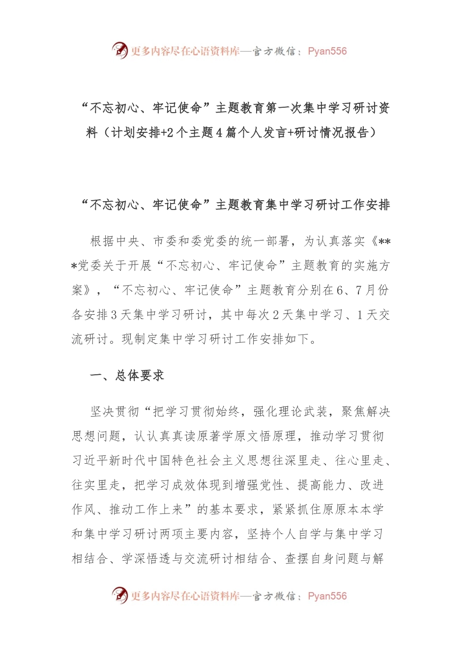 主题教育第一次集中学习研讨资料（计划安排+2个主题4篇个人发言+研讨情况报告）.docx_第1页