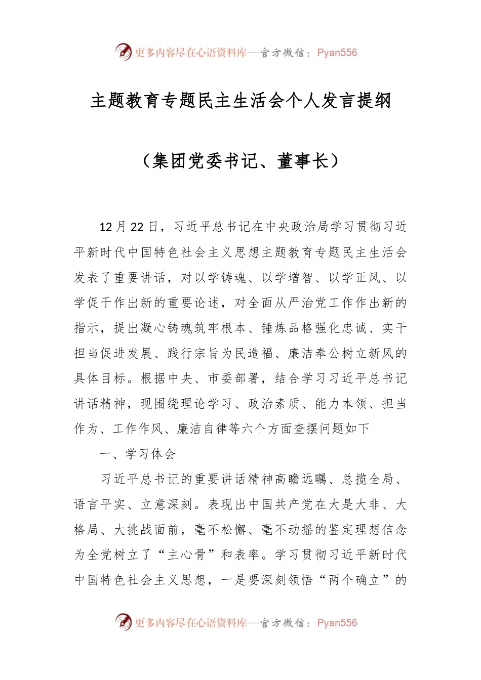 主题教育专题民主生活会个人发言稿提纲（集团党委书记、董事长）.docx_第1页