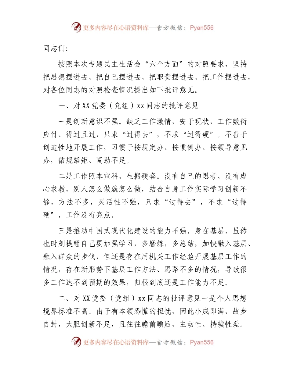 主题教育专题民主生活会上的批评意见1900字.docx_第1页
