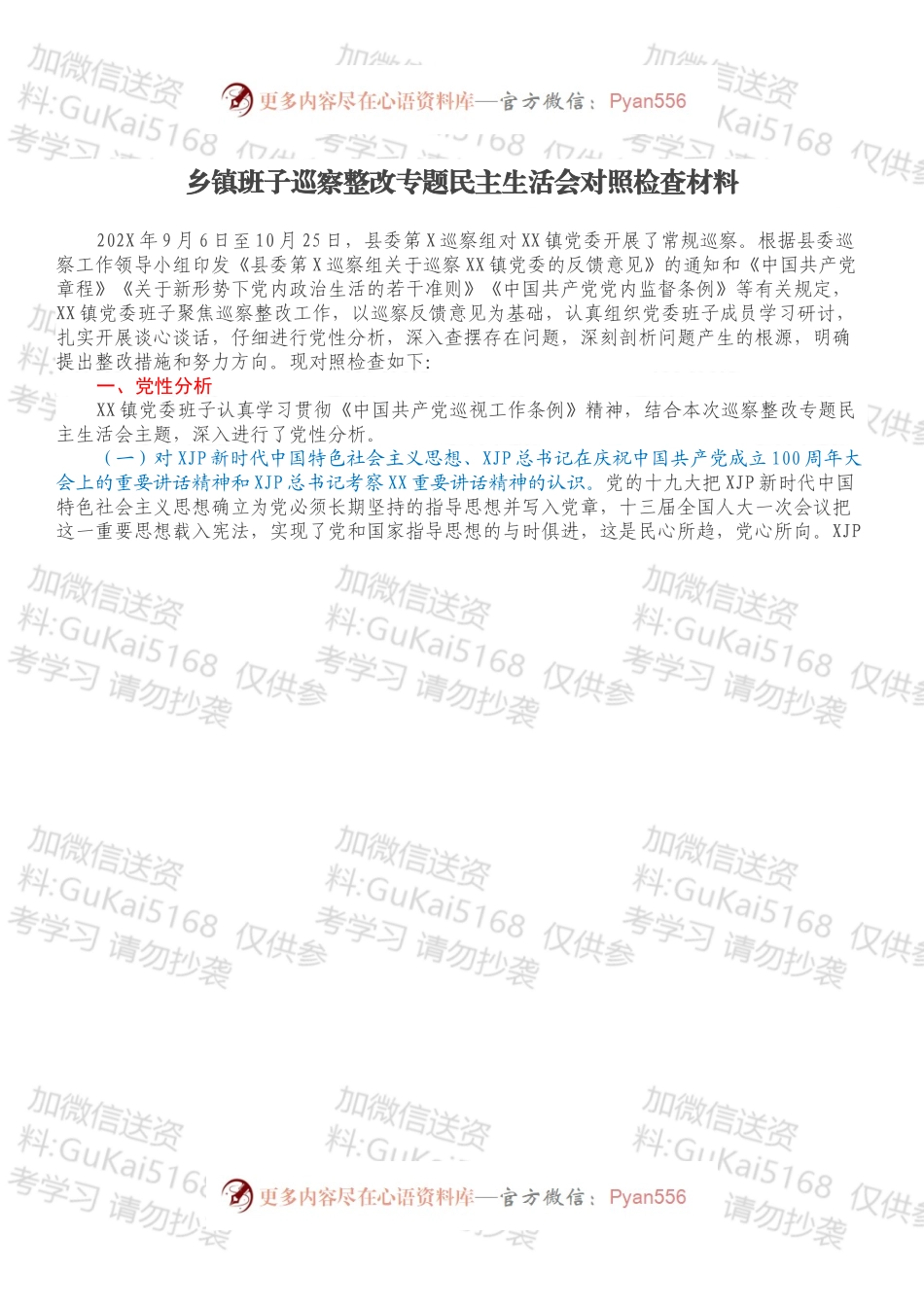 乡镇班子巡察整改专题民主生活会对照检查材料.docx_第1页