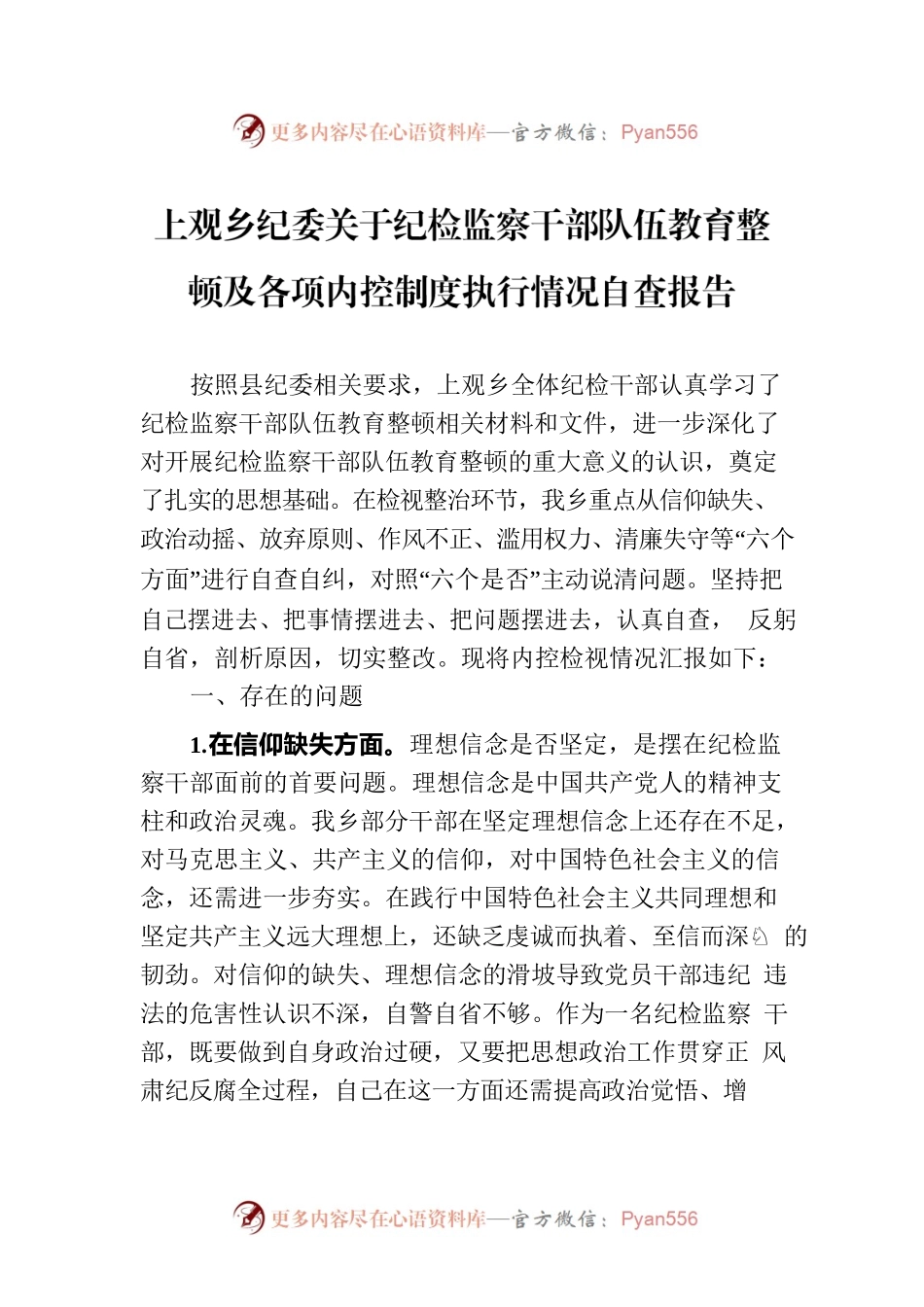 上观乡纪委关于纪检监察干部队伍教育整顿执行情况自查报告.docx_第1页