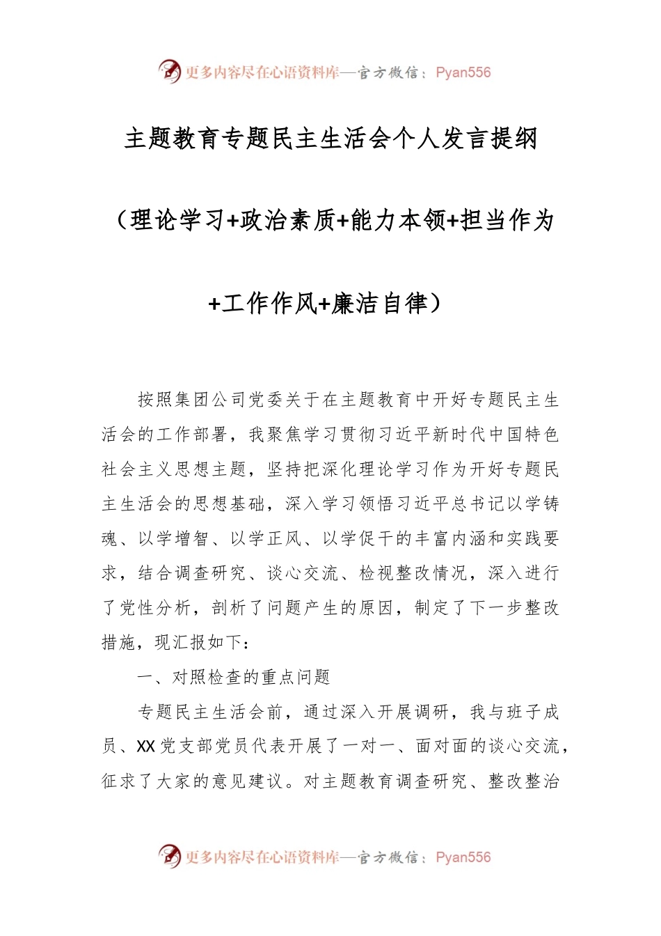 主题教育专题民主生活会个人发言稿提纲（理论学习+政治素质+能力本领+担当作为+工作作风+廉洁自律）.docx_第1页