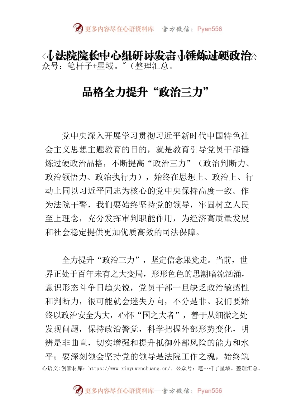 【法院院长中心组研讨发言】锤炼过硬政治品格全力提升“政治三力”.docx_第1页