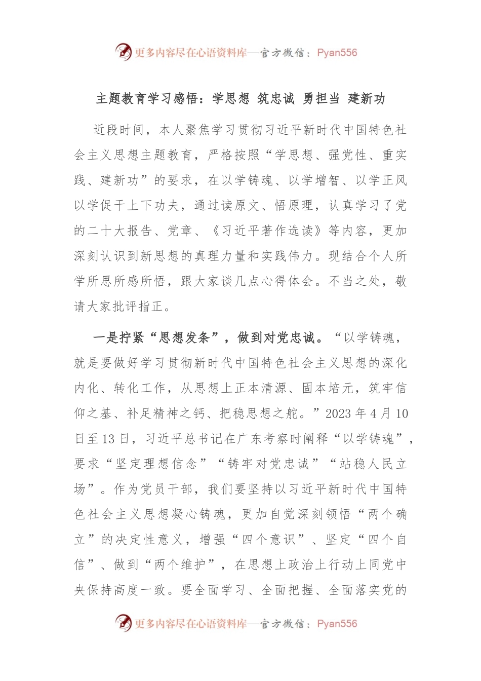 主题教育学习感悟：学思想 筑忠诚 勇担当 建新功.docx_第1页