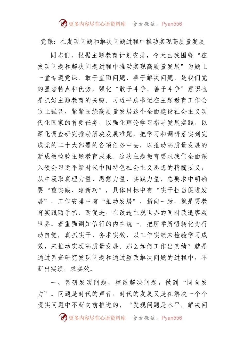主题教育党课：在发现问题和解决问题过程中推动实现高质量发展.docx_第1页