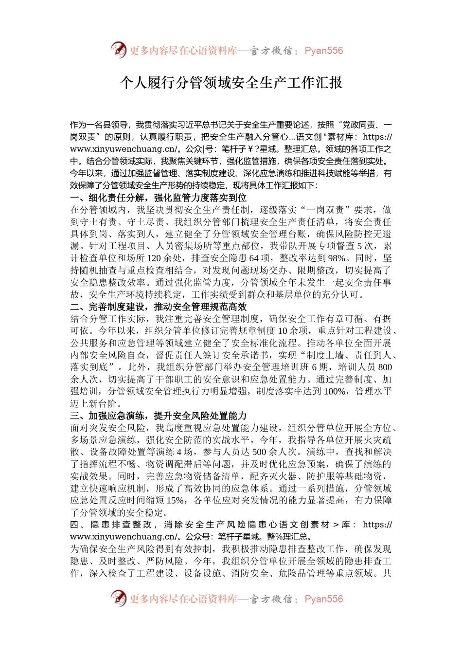 个人履行分管领域安全生产工作汇报.docx_第1页