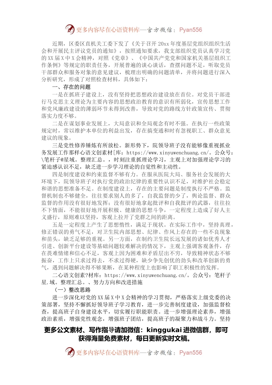 乡镇中心卫生院党支部班子组织生活会对照检查材料.docx_第1页