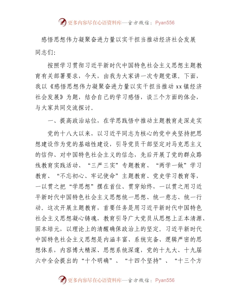 主题教育党课讲稿：感悟思想伟力 凝聚奋进力量   以实干担当推动 经济社会发展.docx_第1页