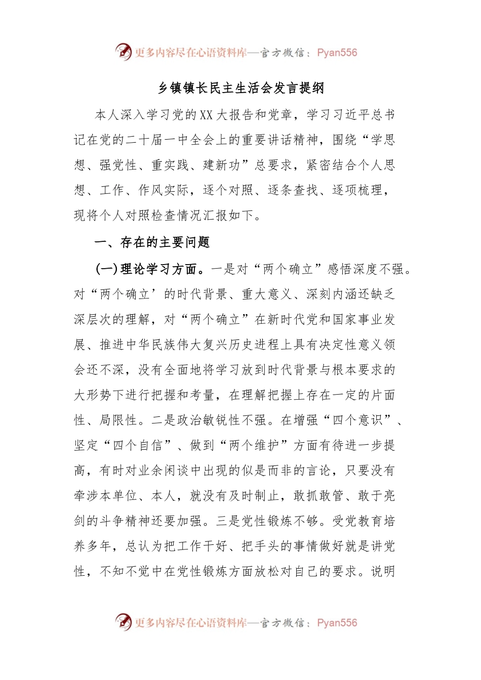 乡镇镇长民主生活会发言提纲.docx_第1页