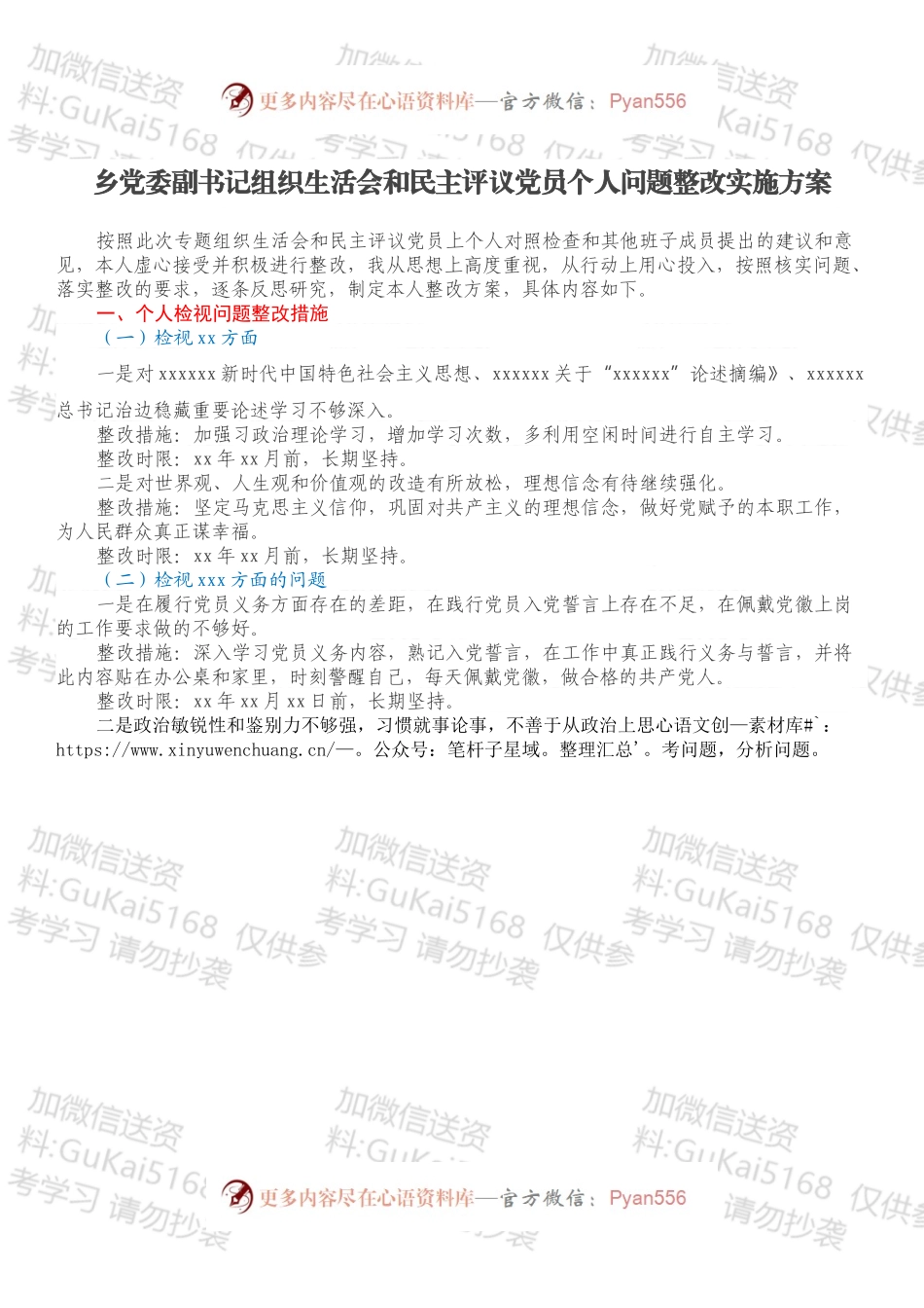 乡党委副书记组织生活会和民主评议党员个人问题整改实施方案.docx_第1页