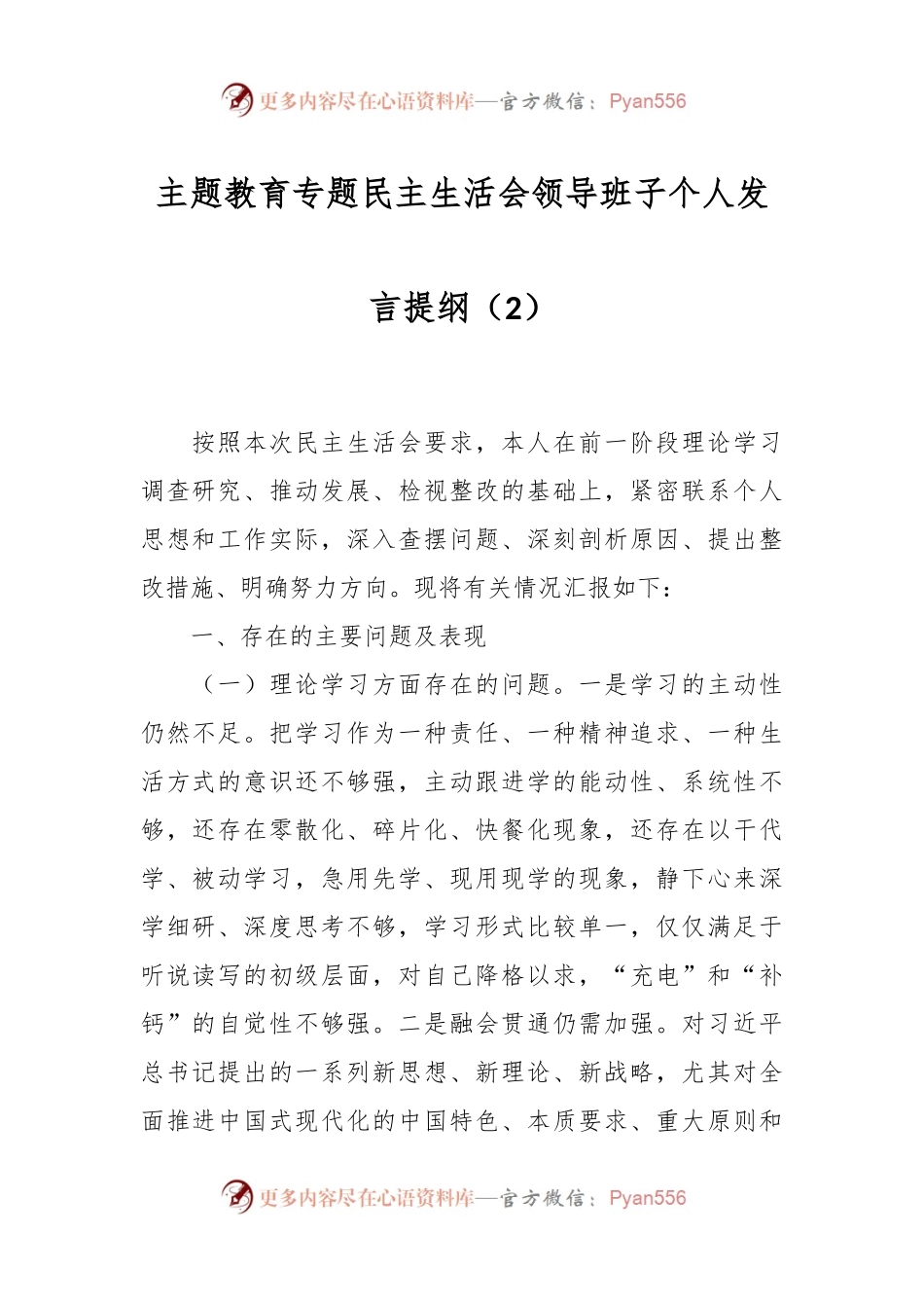 主题教育专题民主生活会领导班子个人发言稿提纲（2）.docx_第1页