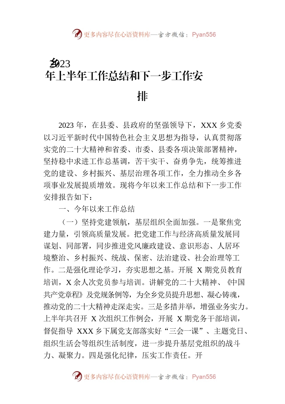 乡2023年上半年工作总结和下一步工作安排(20230620).docx_第1页