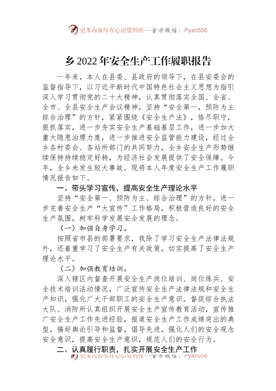 乡2022年安全生产工作履职报告.docx_第1页