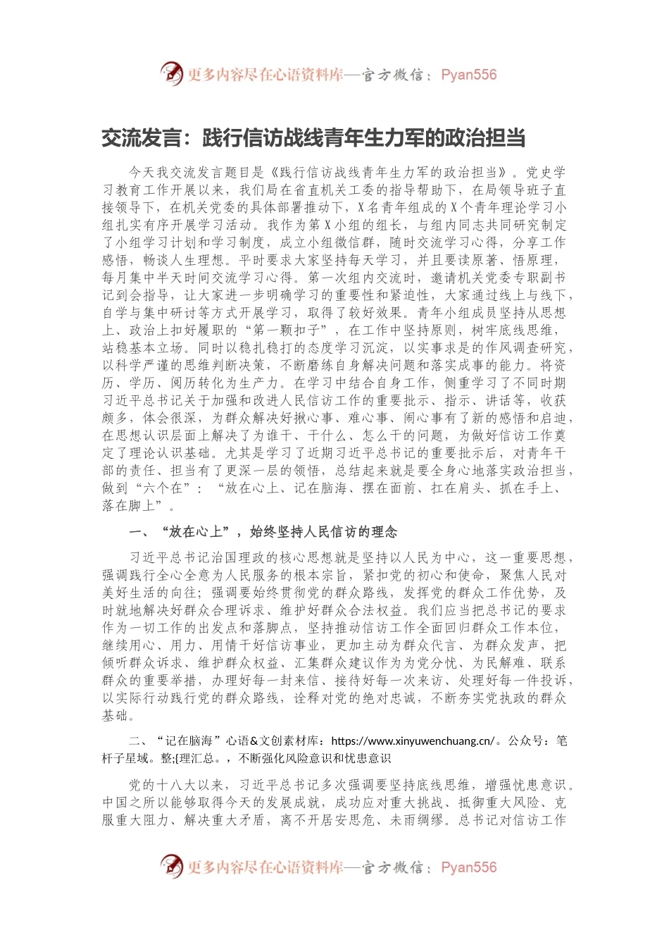 交流发言：践行信访战线青年生力军的政治担当.docx_第1页
