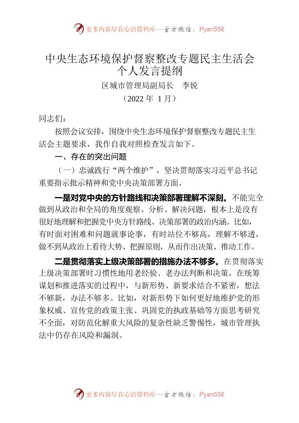中央生态环境保护督察整改专题民主生活会个人发言.docx_第1页