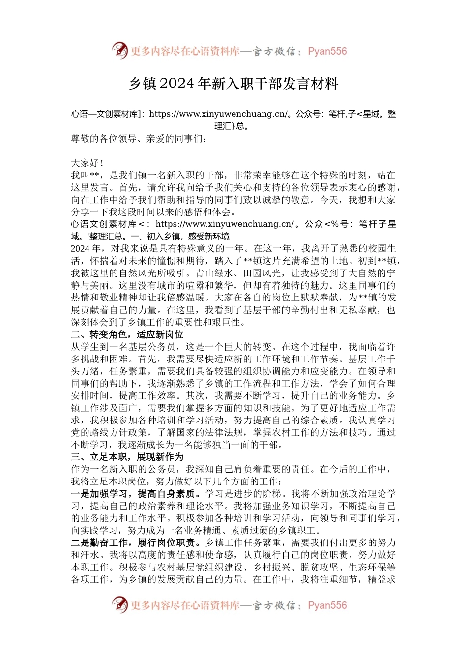 乡镇2024年新入职干部发言材料.docx_第1页
