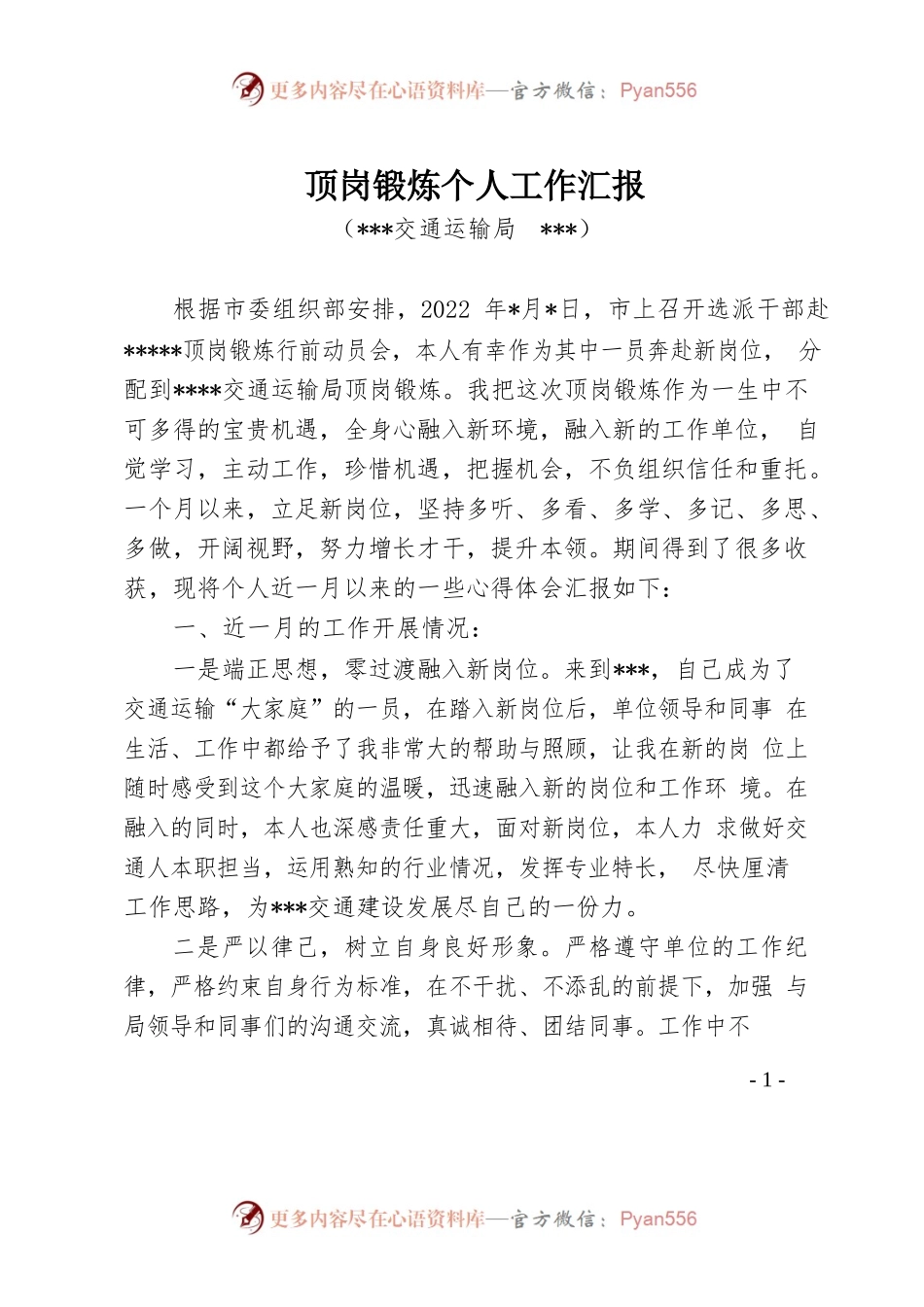 交通运输系统顶岗锻炼个人工作汇报.docx_第1页