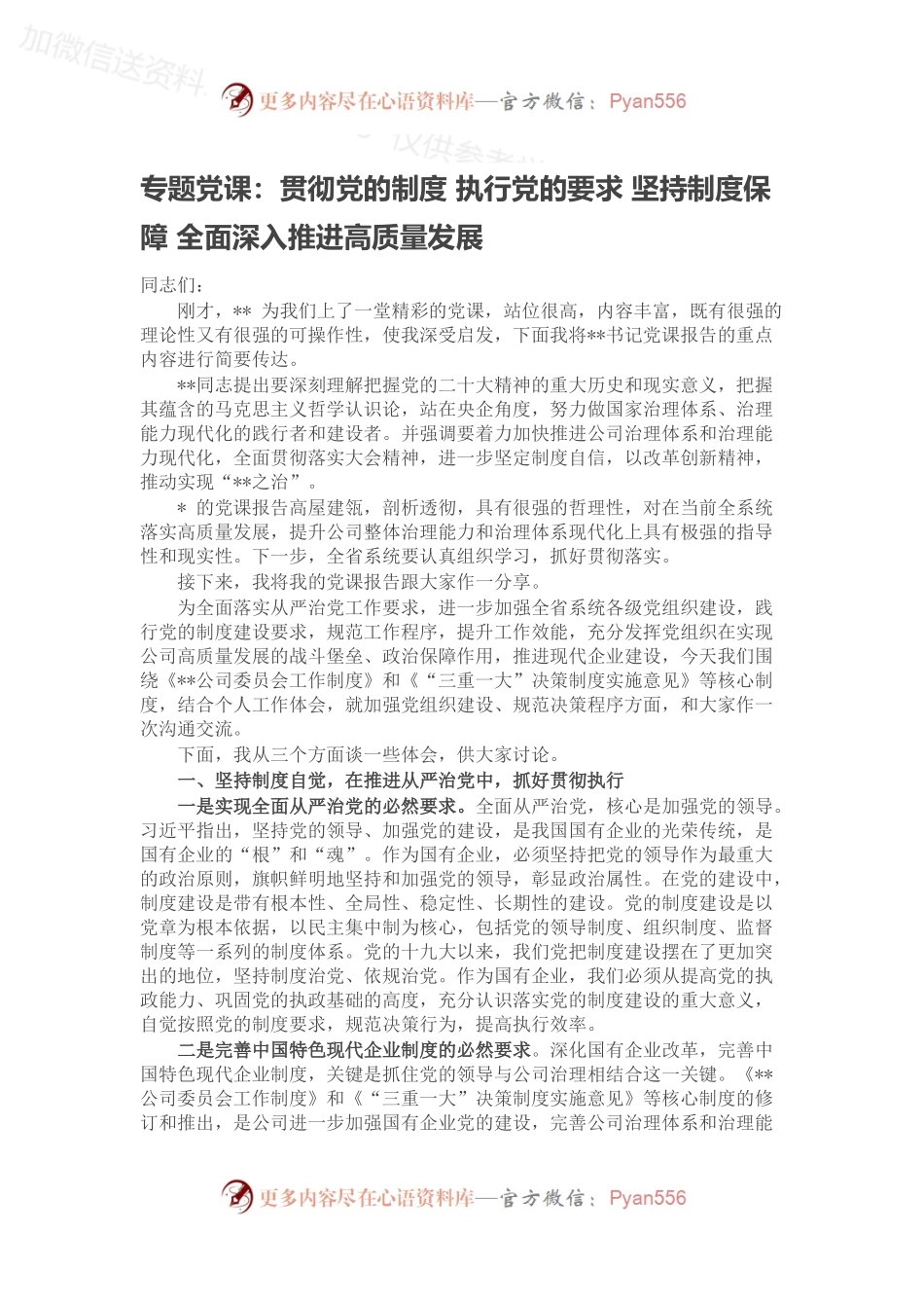 专题党课：贯彻党的制度 执行党的要求 坚持制度保障 全面深入推进高质量发展.docx_第1页