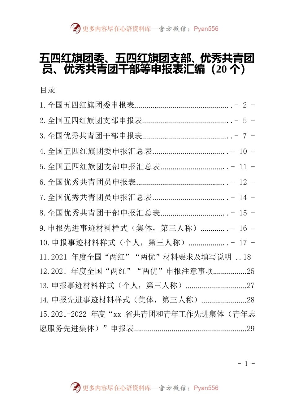 五四红旗团委、五四红旗团支部、优秀共青团员、优秀共青团干部等申报表汇编（20个）.docx_第1页