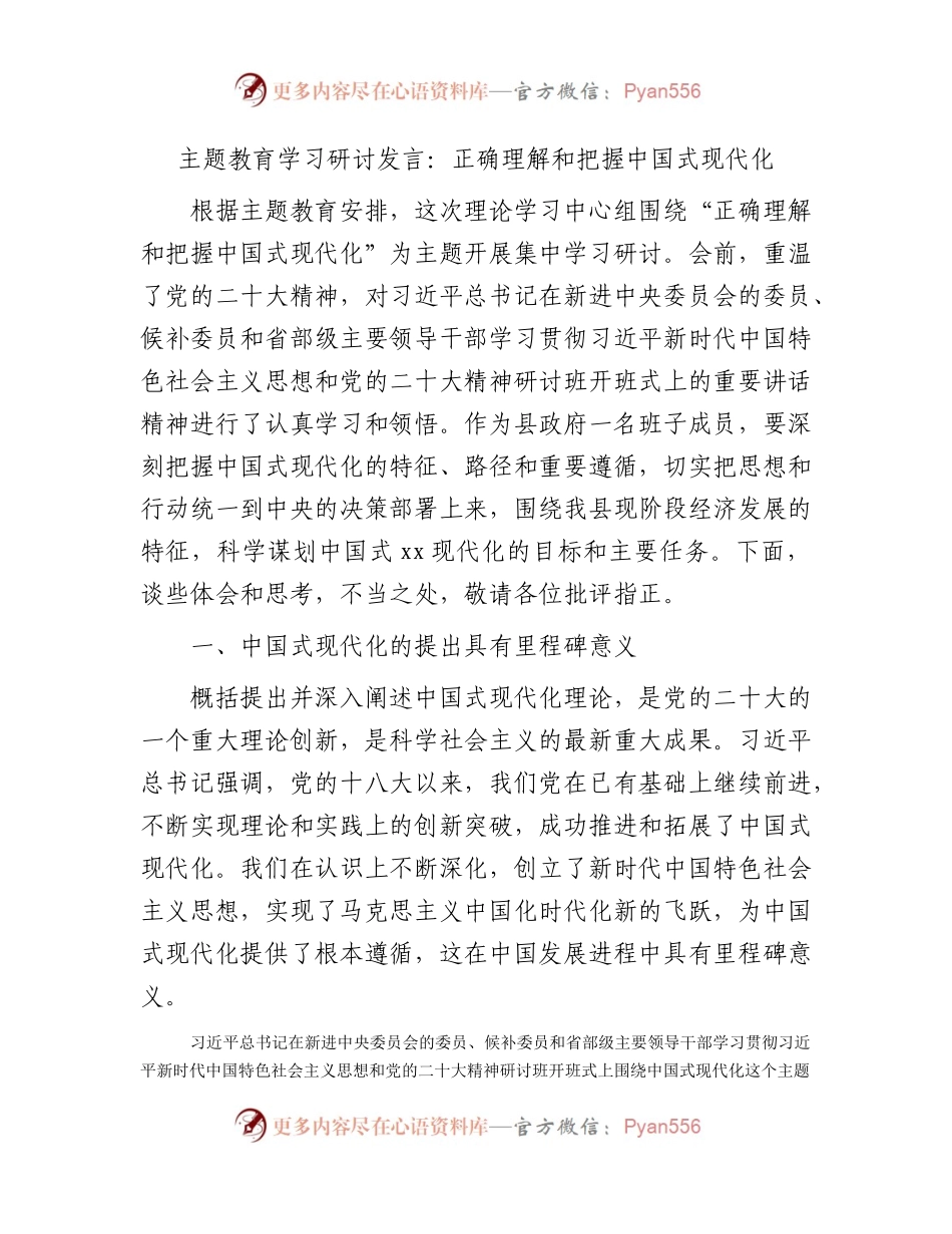 主题教育学习研讨发言：正确理解和把握中国式现代化4500字.docx_第1页