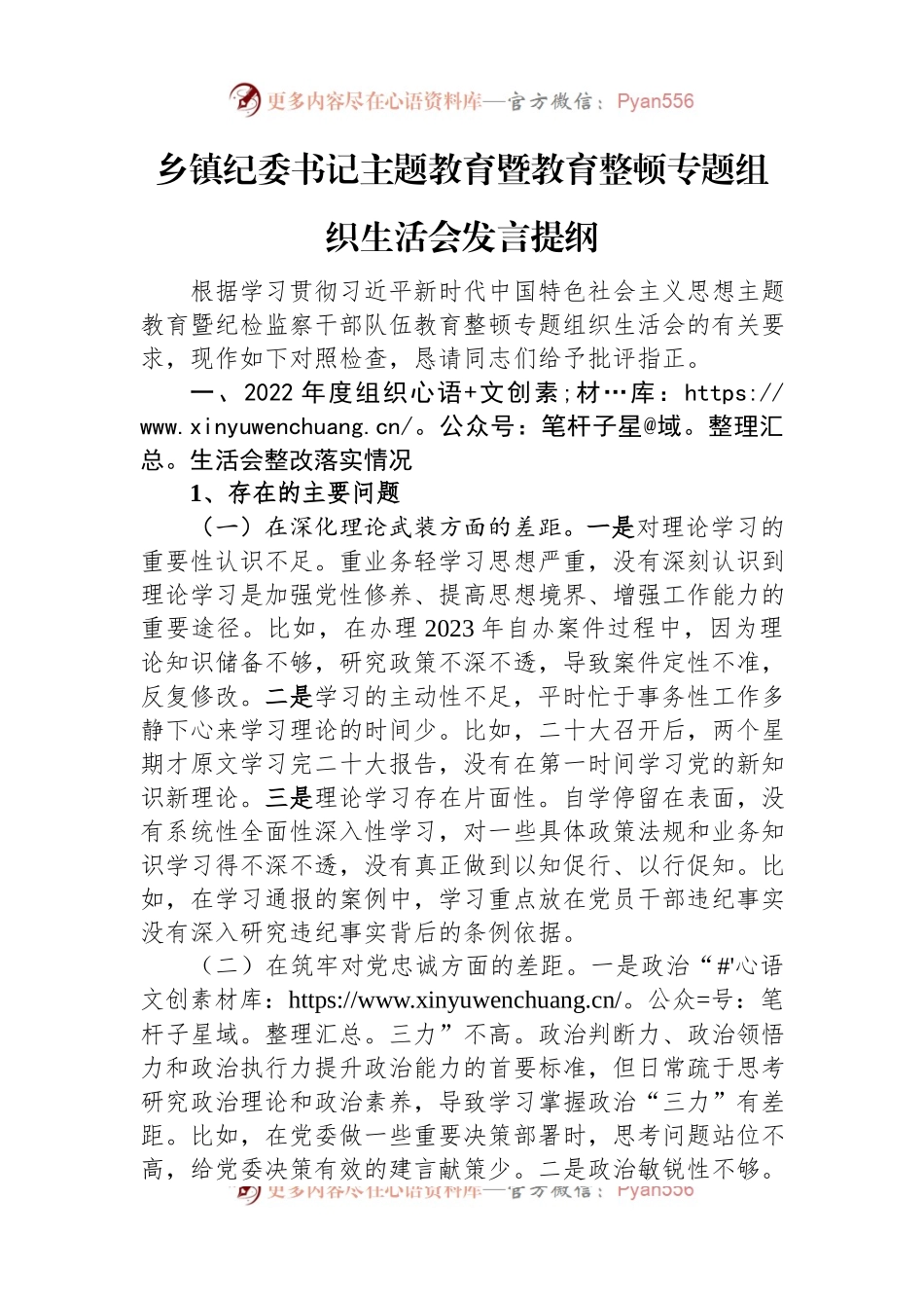 乡镇纪委书记主题教育暨教育整顿专题组织生活会发言提纲.docx_第1页