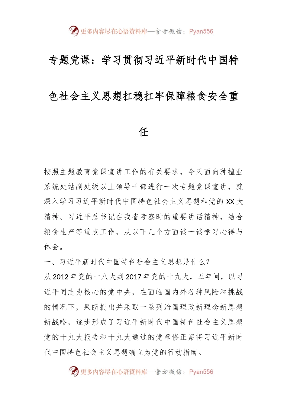 专题党课：学习贯彻习近平新时代中国特色社会主义思想扛稳扛牢保障粮食安全重任.docx_第1页