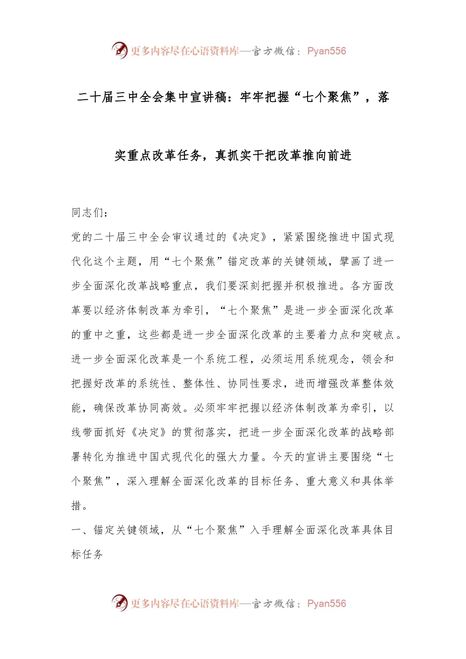 二十届三中全会集中宣讲稿：牢牢把握“七个聚焦”，落实重点改革任务，真抓实干把改革推向前进.docx_第1页