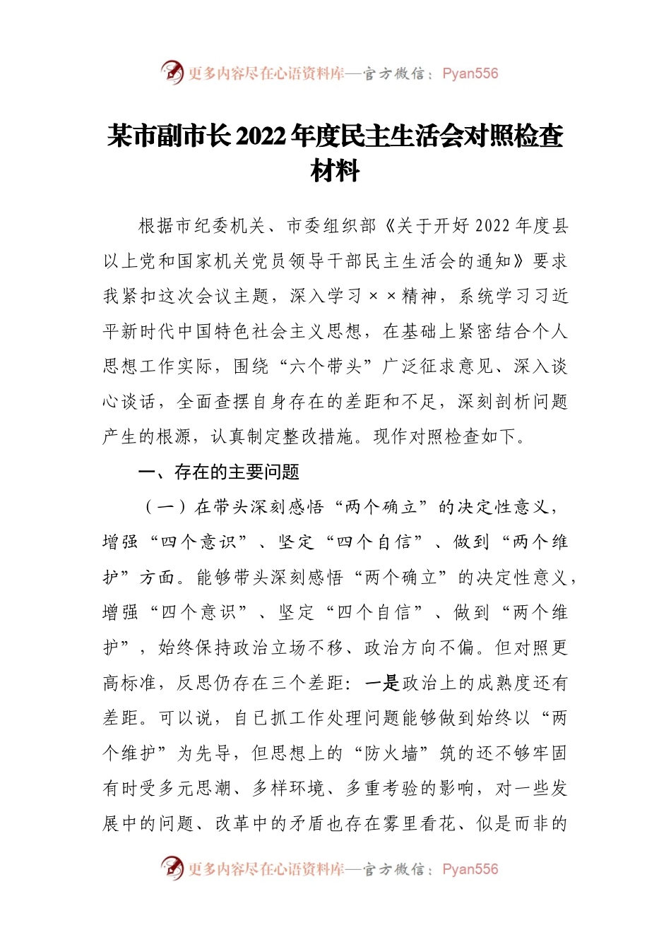 个人副市长2022年度民主生活会对照检查材料.docx_第1页