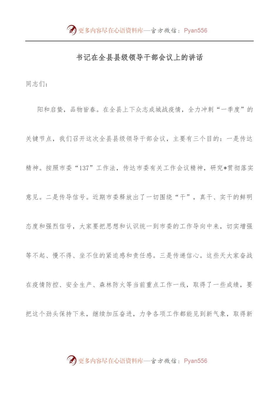 书记在全县县级领导干部会议上的讲话.docx_第1页
