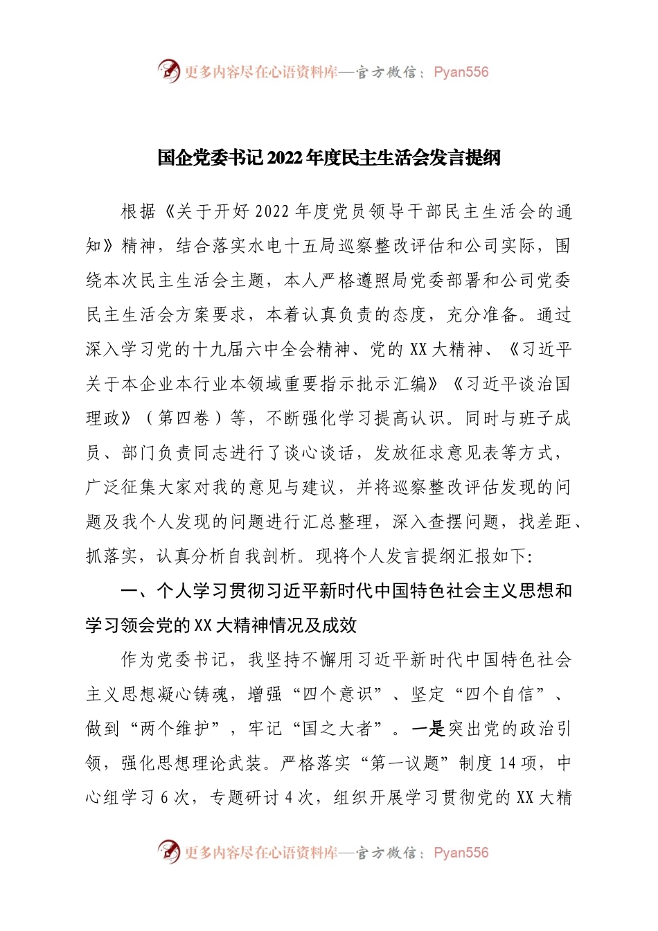 个人国企党委书记2022年度民主生活会发言提纲.docx_第1页