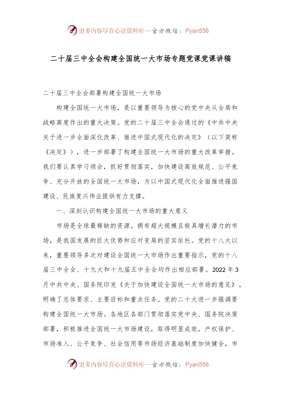 二十届三中全会构建全国统一大市场专题党课党课讲稿.docx_第1页